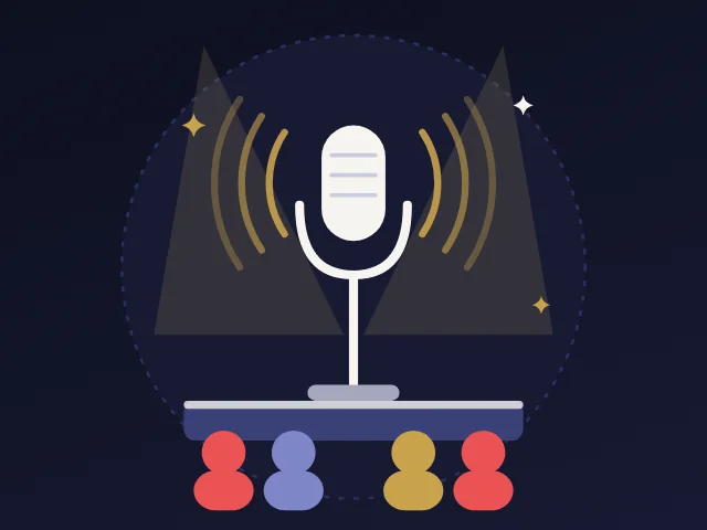 Ilustração de um microfone num palco com plateia