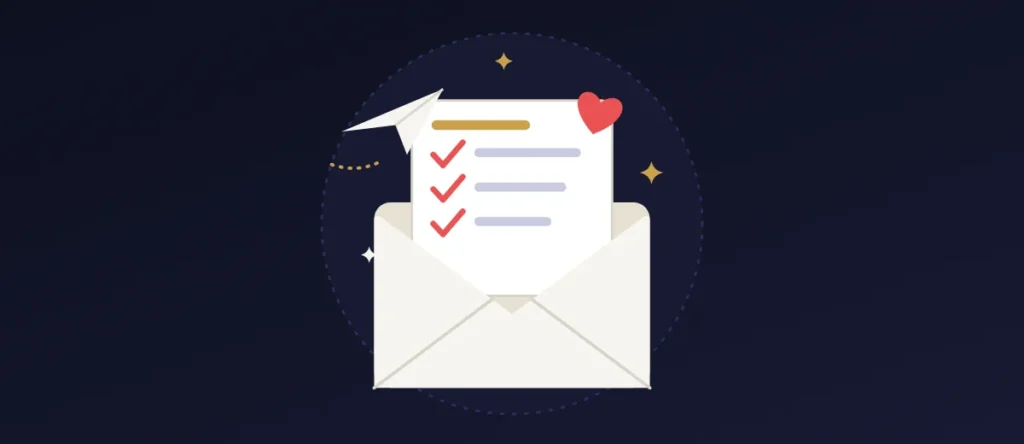 Ilustração de um envelope com uma carta marcada com três itens e um coração